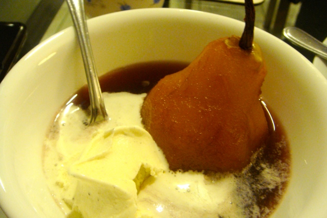 Red Wine Poached Pears with Vanilla Ice-Cream